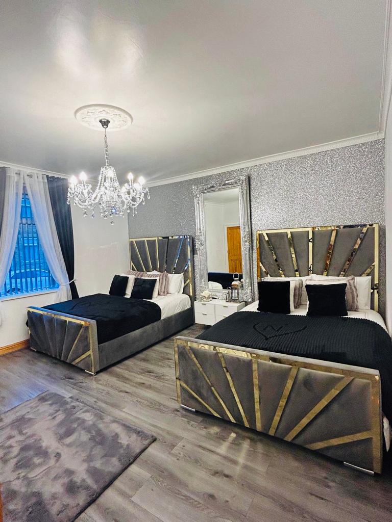 Grey plush velvet with gold strip Fine Class Beds
